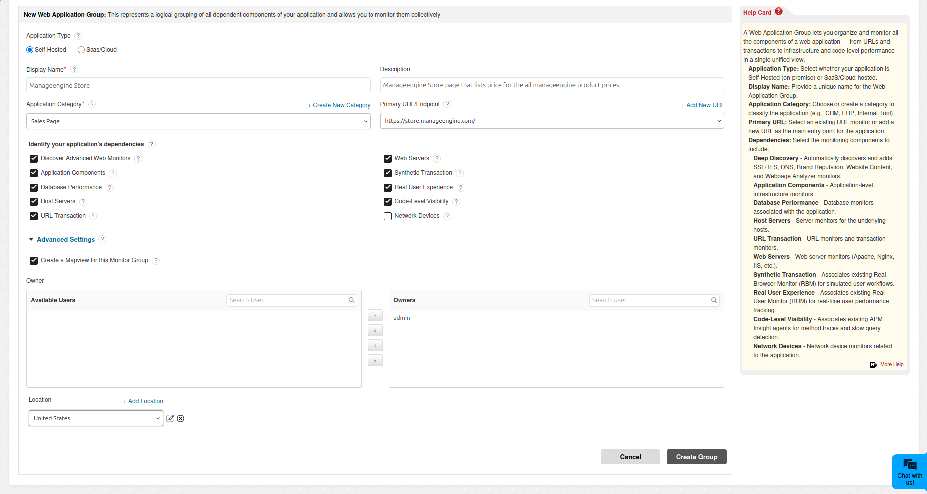 Web Application Group creation form with dependencies and advanced settings
