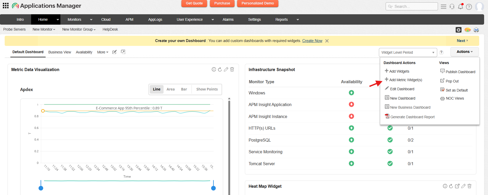APM Insight Business Transaction widget: Actions menu showing Add Metric Widget(s) option