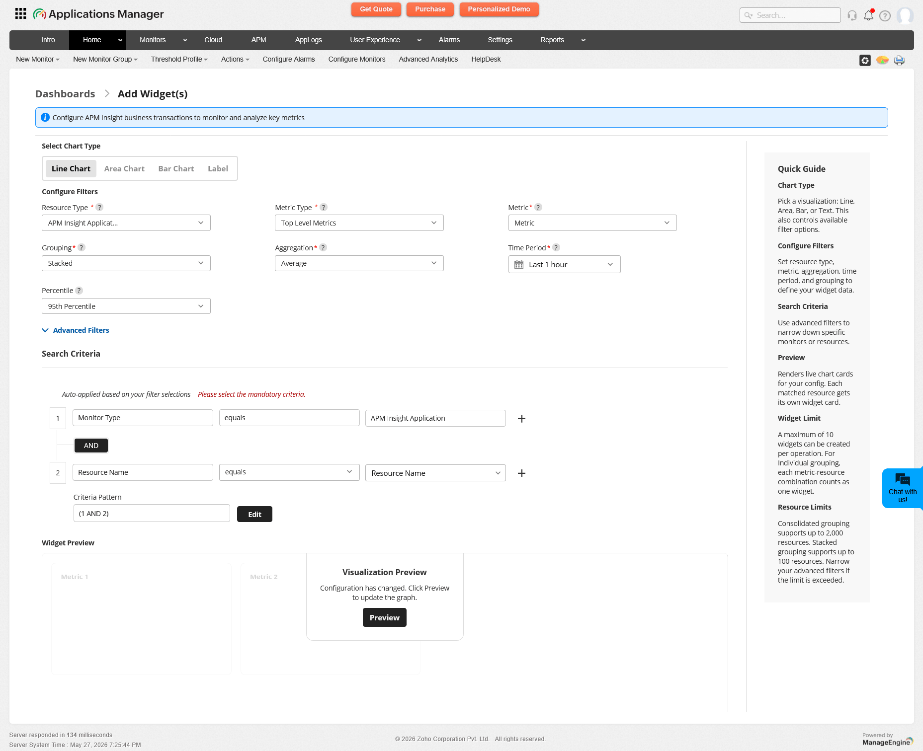 APM Insight Business Transaction widget: Full configuration page with chart type, filters, advanced filters, and widget preview