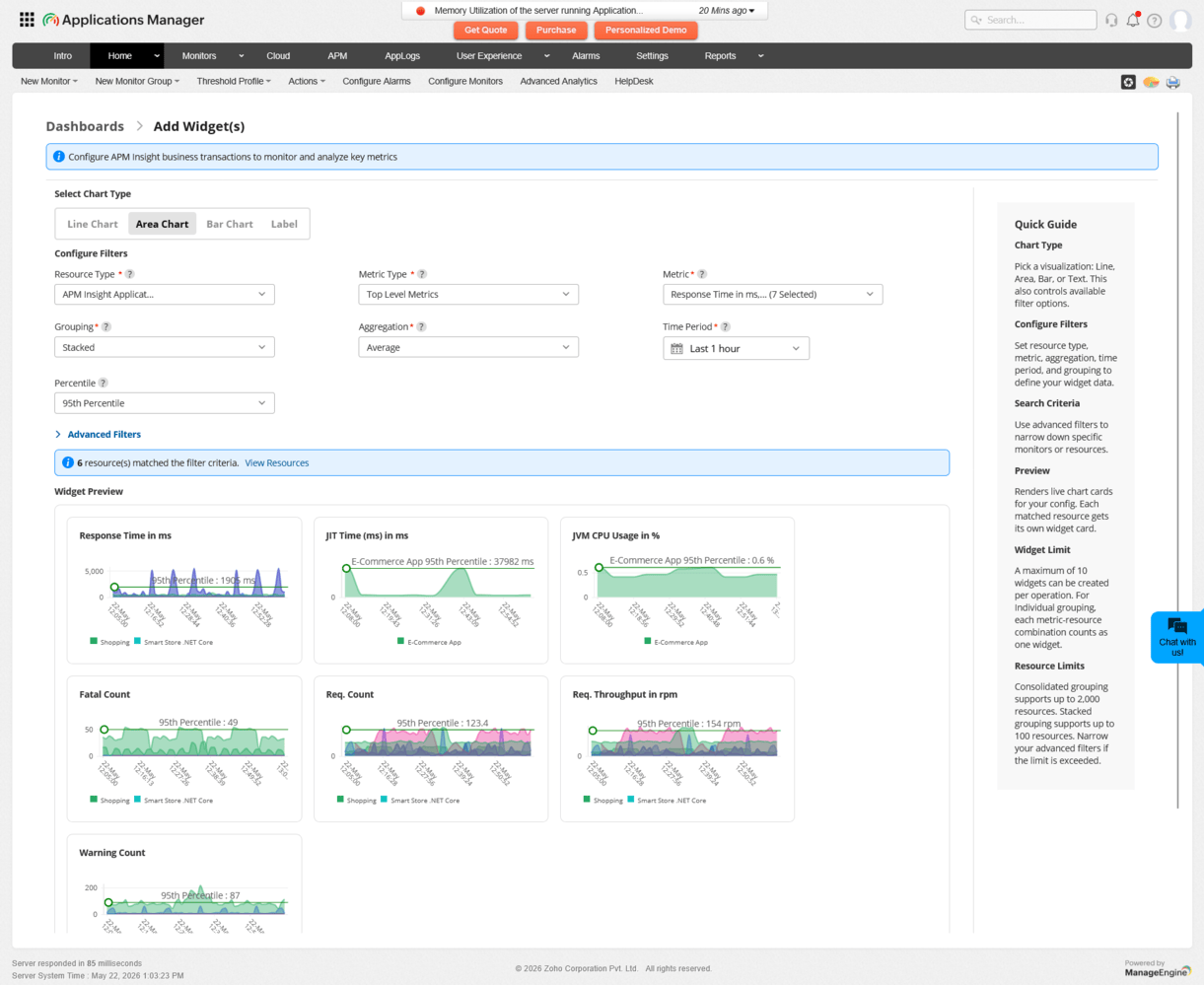APM Insight Business Transaction widget: Widget Preview showing live chart data with line graph for selected metric