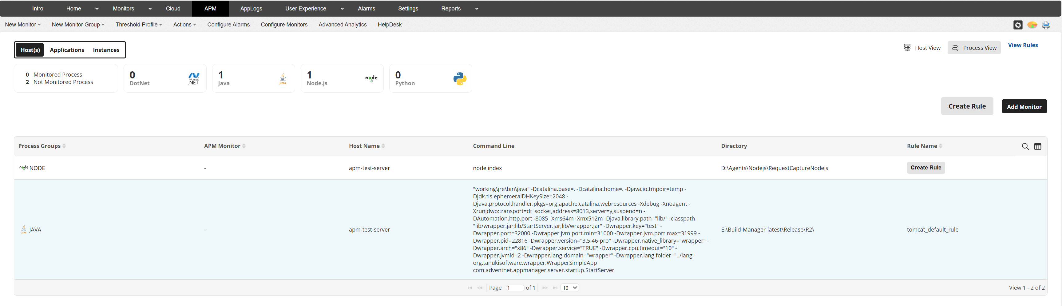 Application Process Discovery - Process view showing detected applications and rule matching
