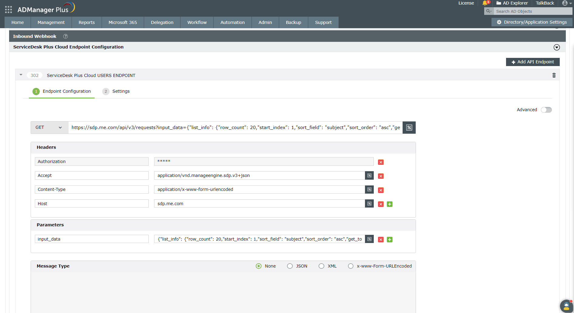 Inbound webhook configuration