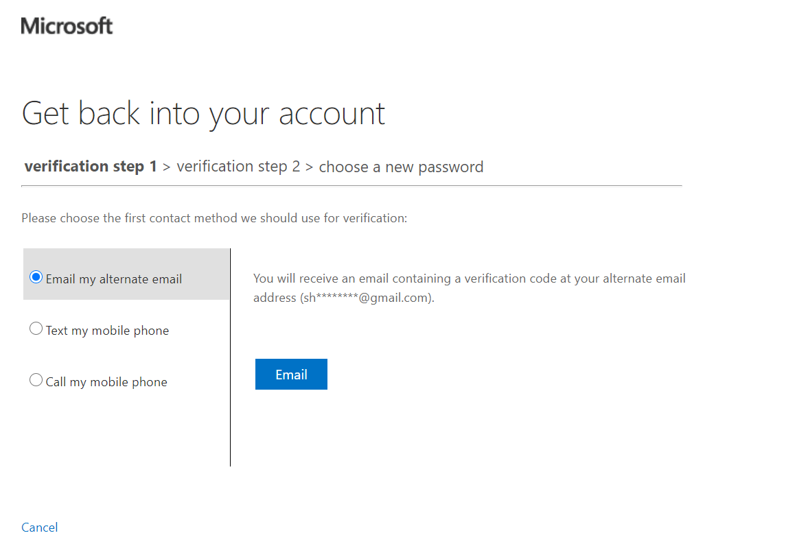 Screenshot of the email-based verification step during Azure AD self-service password reset.