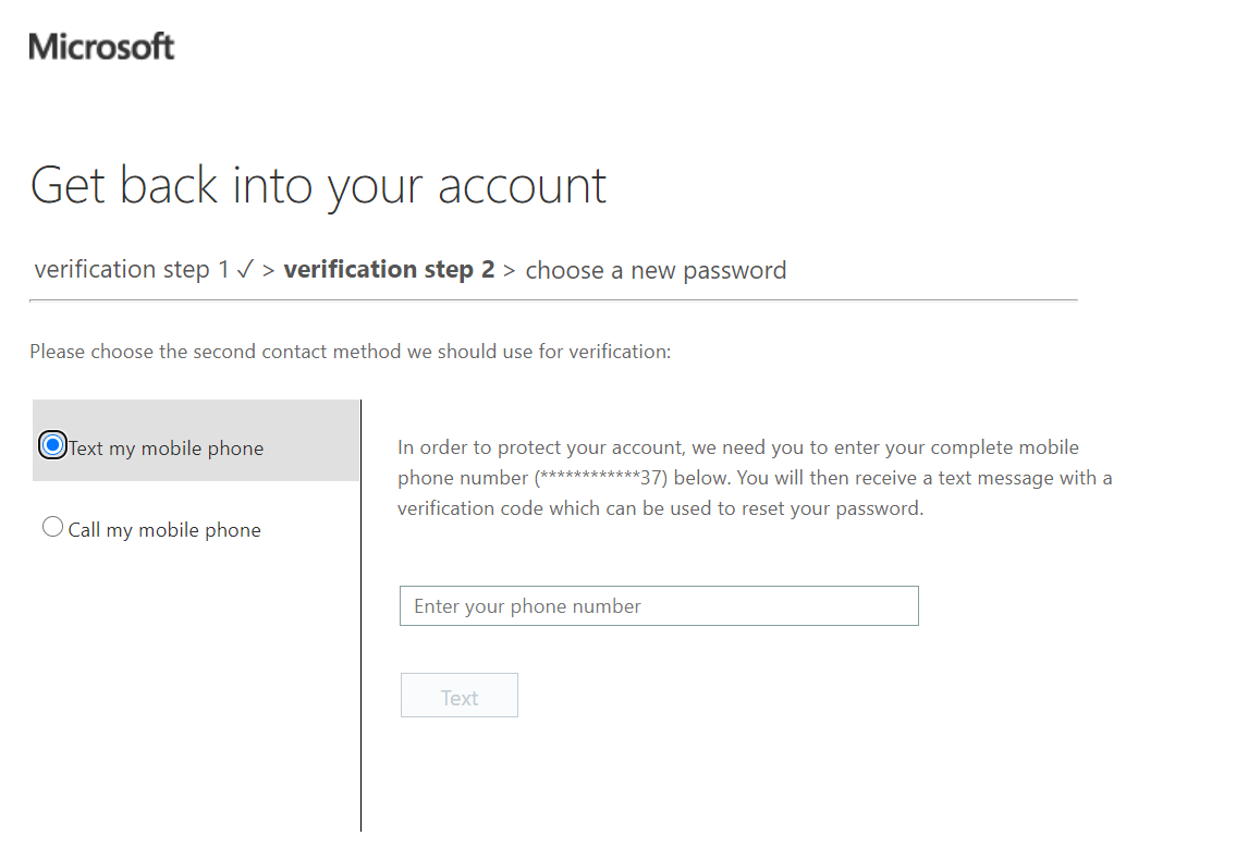 Screenshot of the second verification step during Azure password reset.