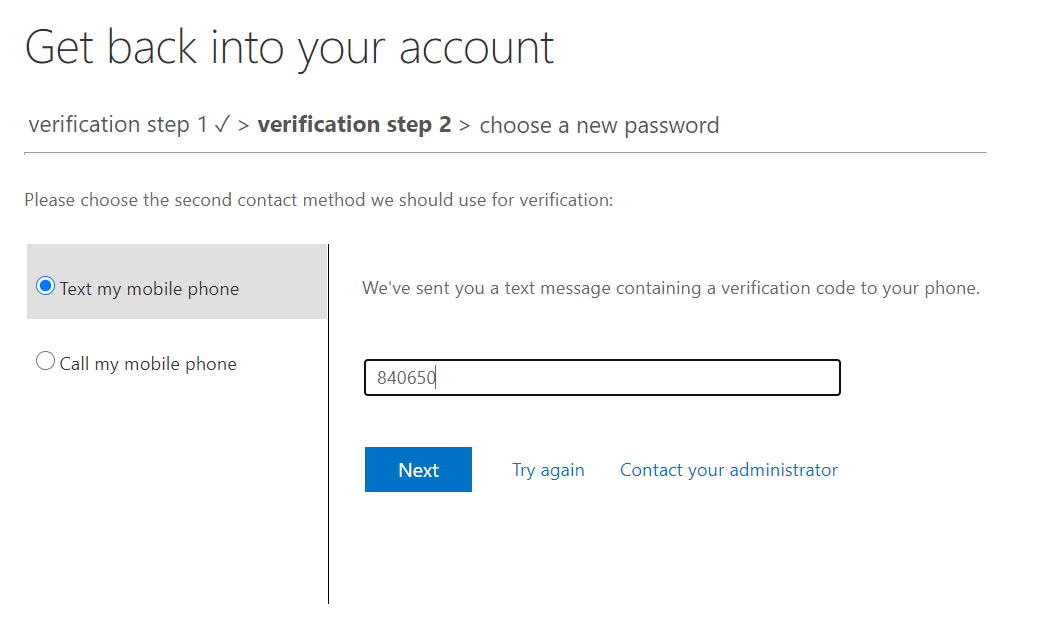 Screenshot of the SMS-based verification page with the sample verification code entered.