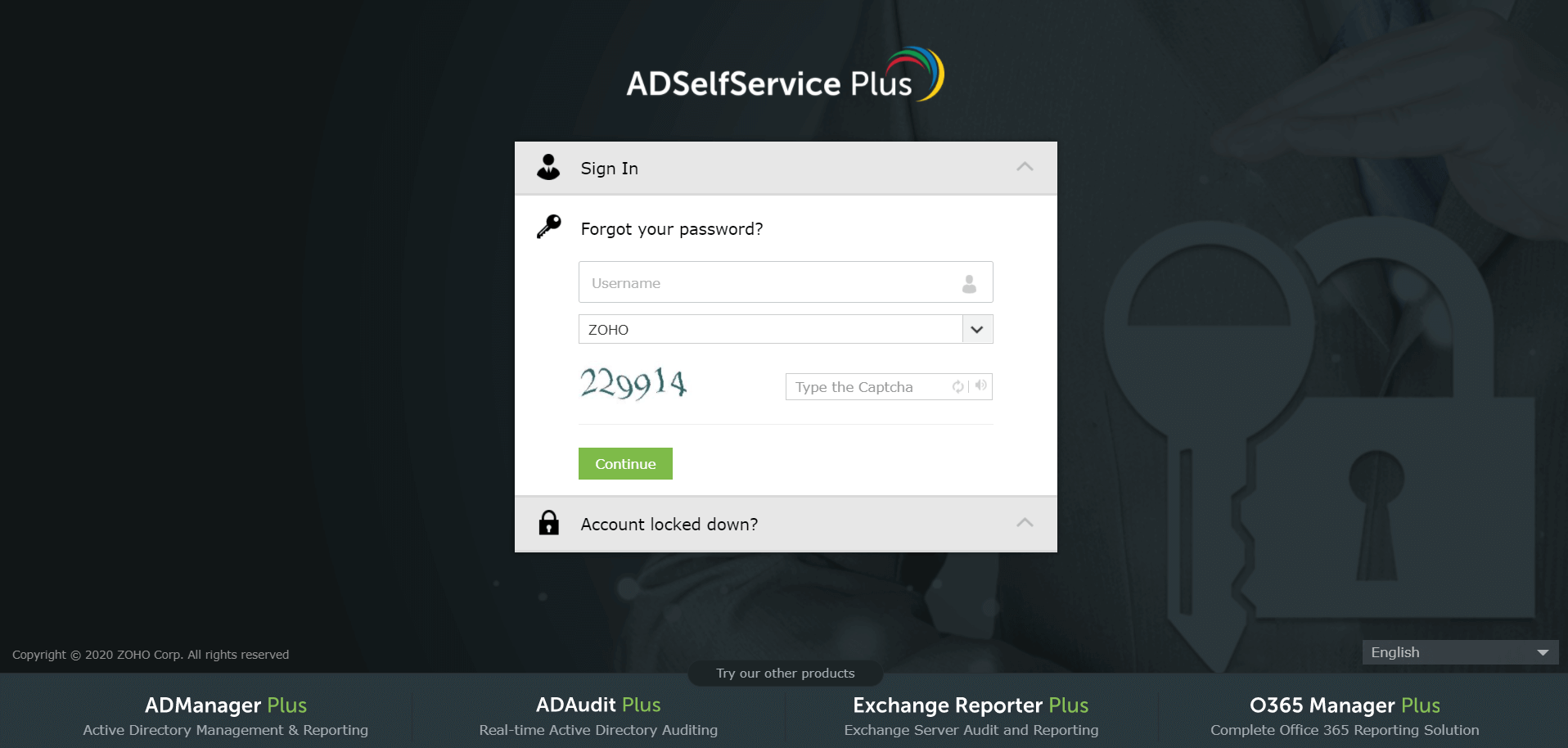 Screenshot of the ADSelfService Plus login page with the identity verification section for the Forgot your password prompt.