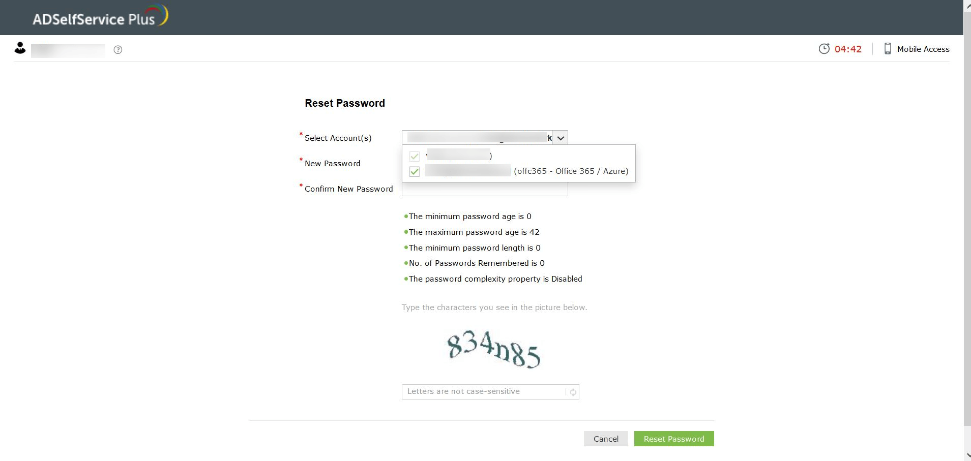 Screenshot of the self-service password reset process ADSelfService Plus with Azure AD account selected for password synchronization.