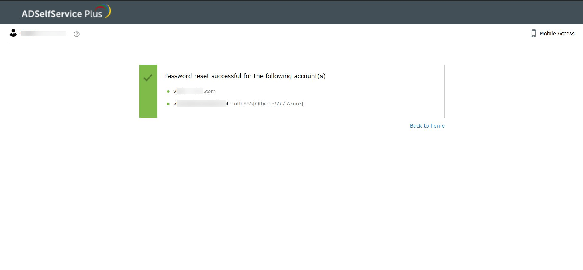 Screenshot of the Azure AD password reset process in ADSelfService Plus with confirmation message reading Password reset successful for the following accounts.