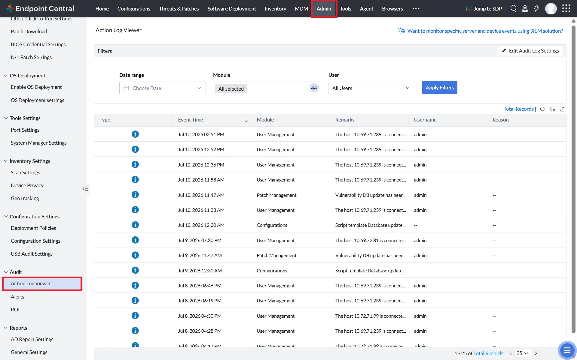 Action Log Viewer Settings Action Log Viewer Settings