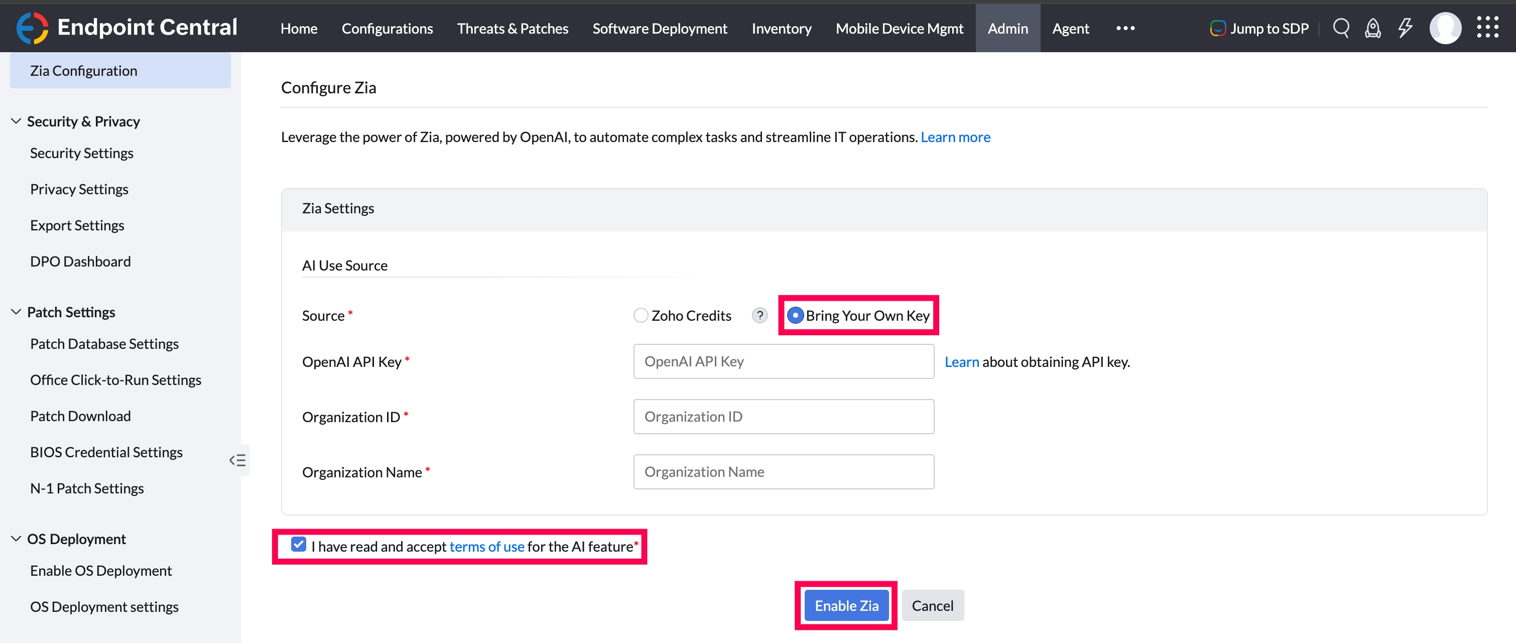 Enable Zia with BYOK Enable Zia with BYOK