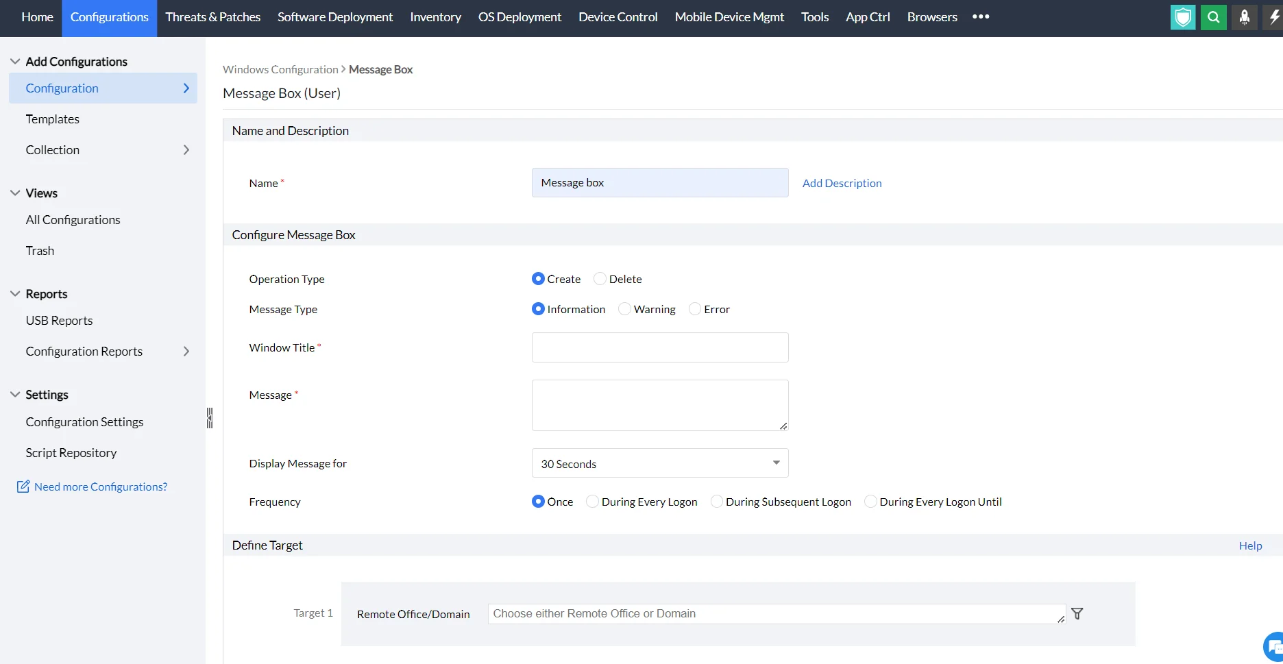 message box user configuration in endpoint central