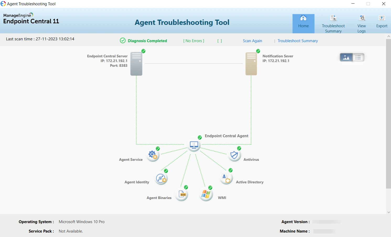 Agent troubleshooting tool results