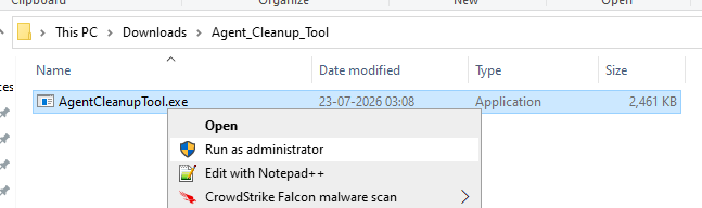 Extracted AgentCleanupTool File Explorer showing AgentCleanupTool.exe in the extracted Agent_Cleanup_Tool folder with the right-click context menu open