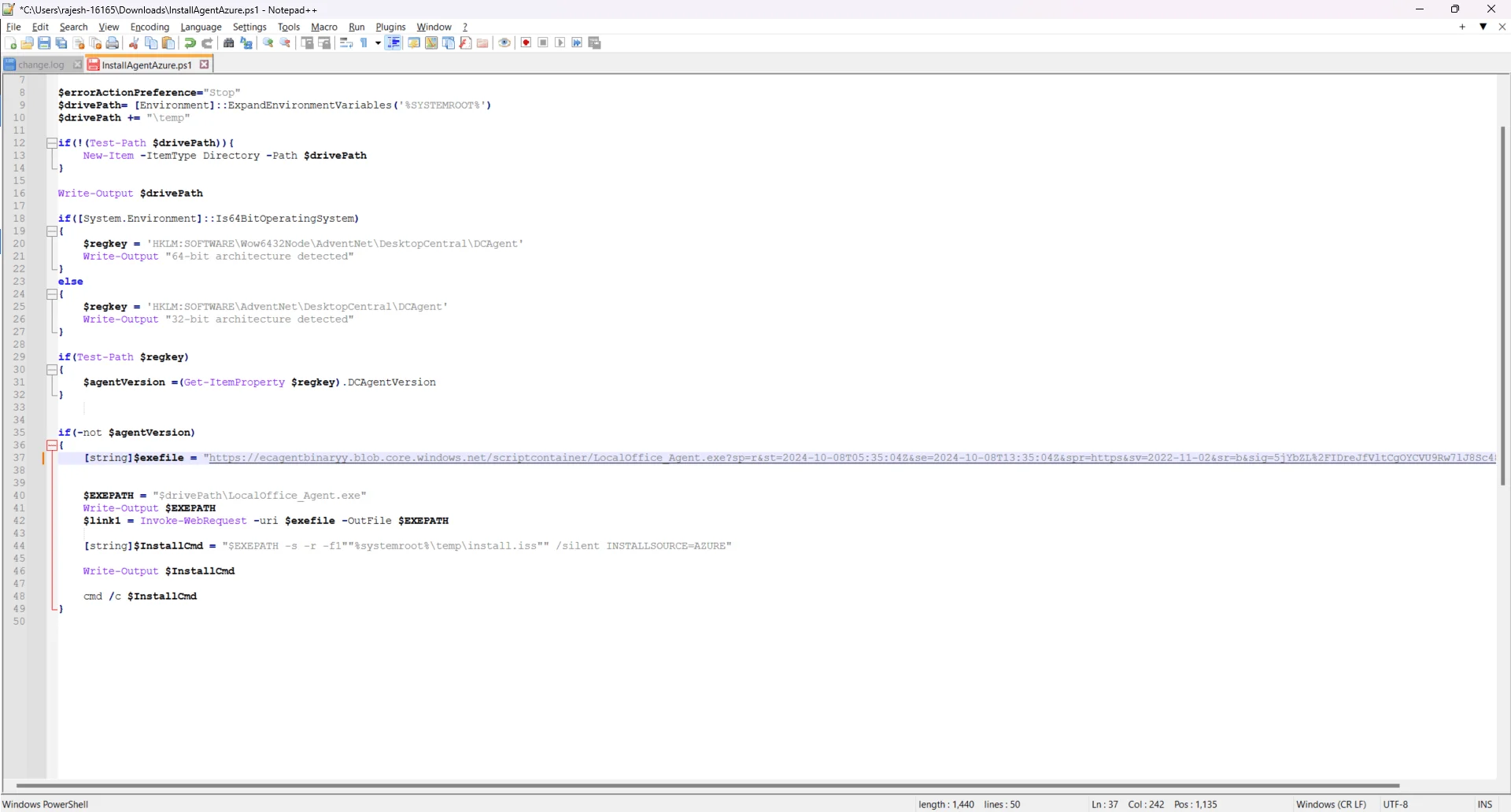 Edit the script Replacing the placeholder in the script with the Blob SAS URL