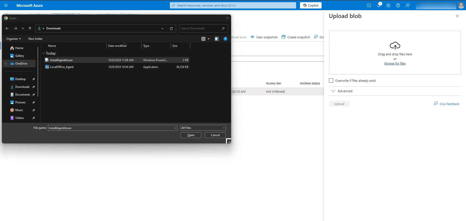 Upload the script Uploading InstallAgentAzure.ps1 to the scriptcontainer