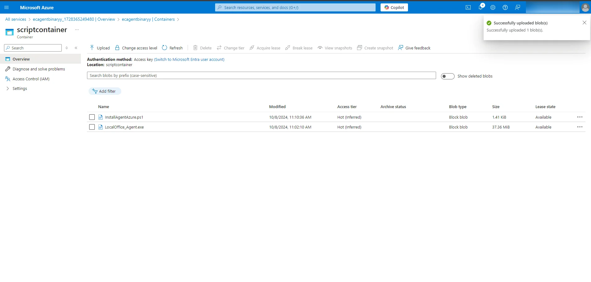 Final container contents scriptcontainer showing LocalOffice_Agent.exe and InstallAgentAzure.ps1