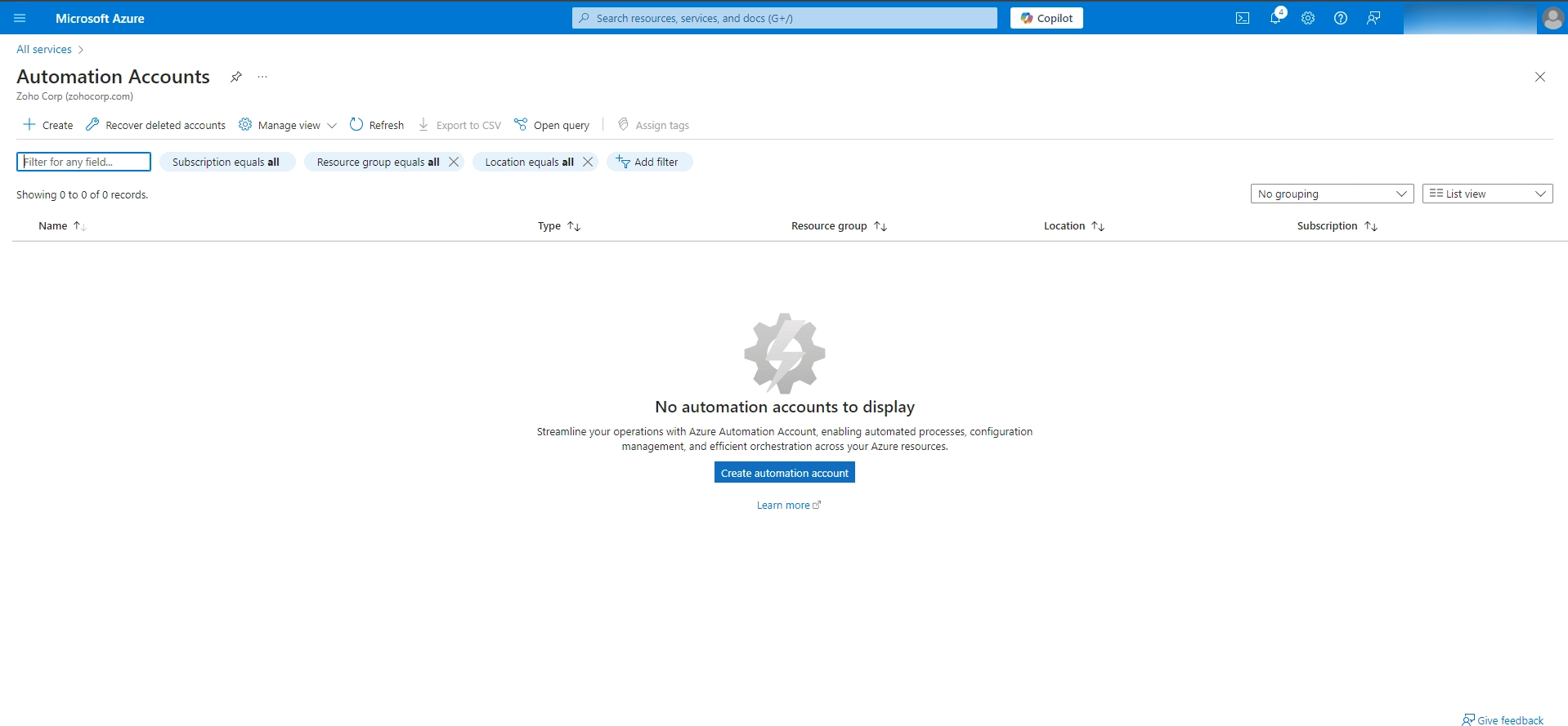 Select resource group Choosing the resource group for the automation account