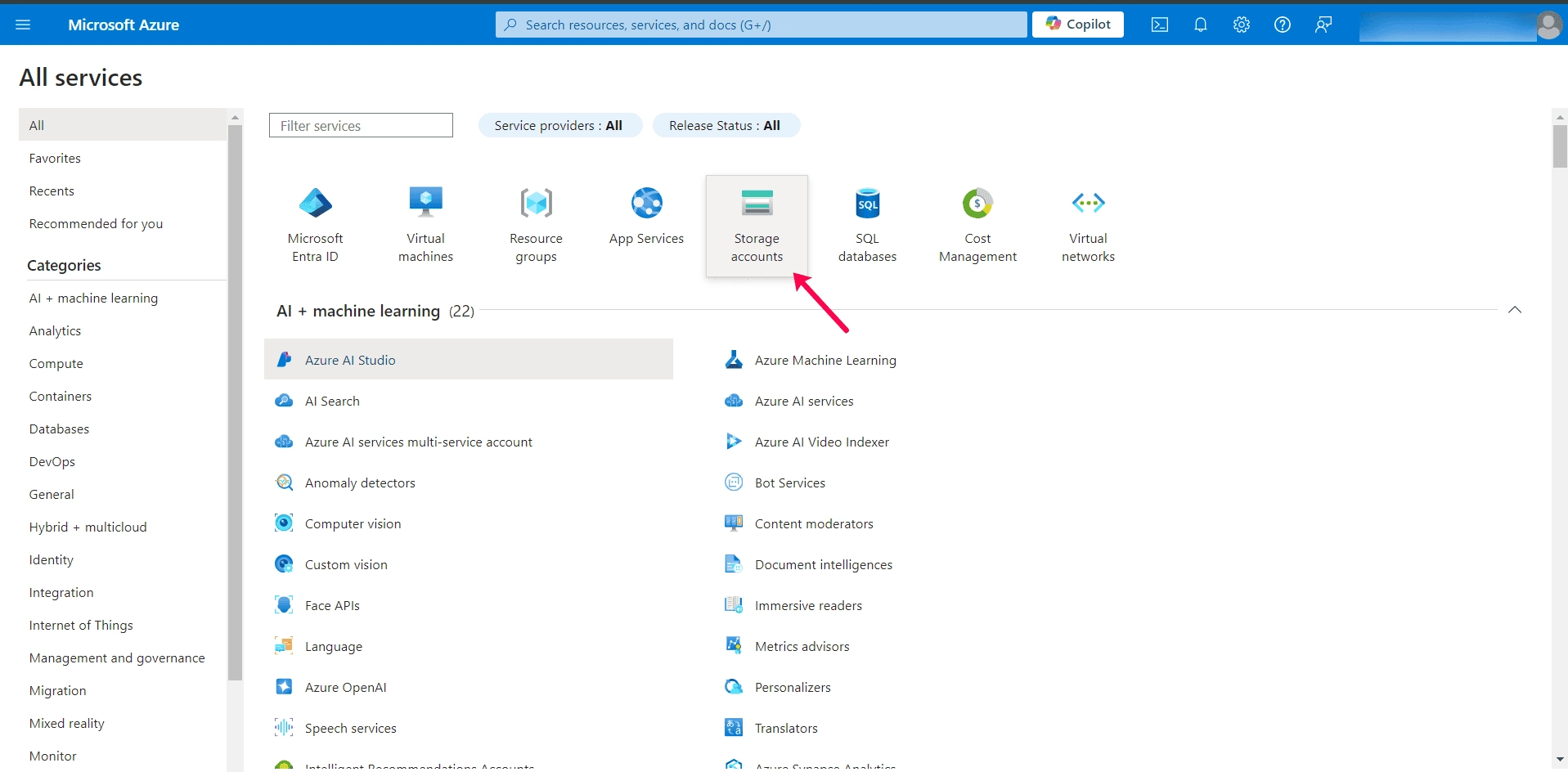 Storage Accounts page The Azure Storage Accounts page