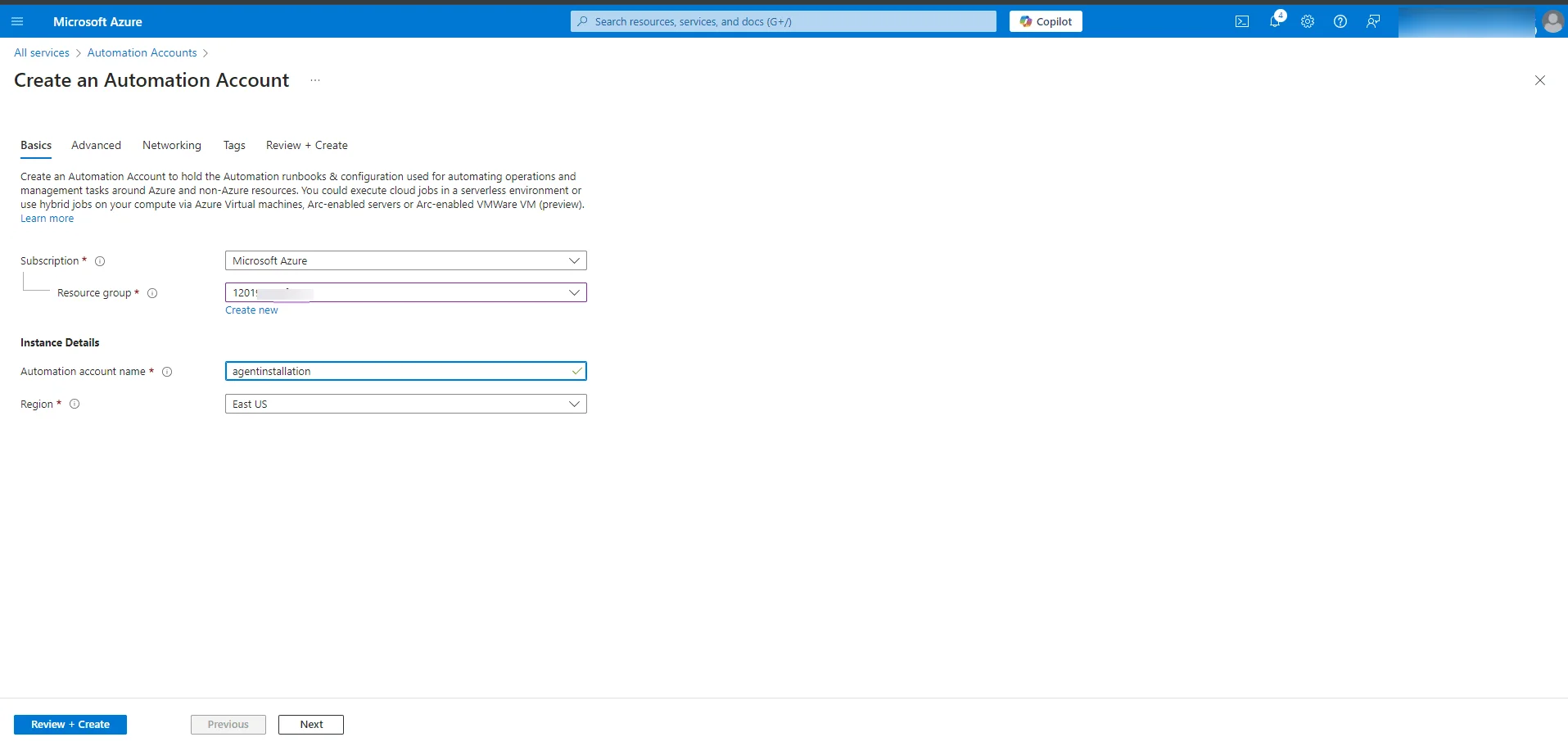 Name the account Naming the automation account agentinstallation