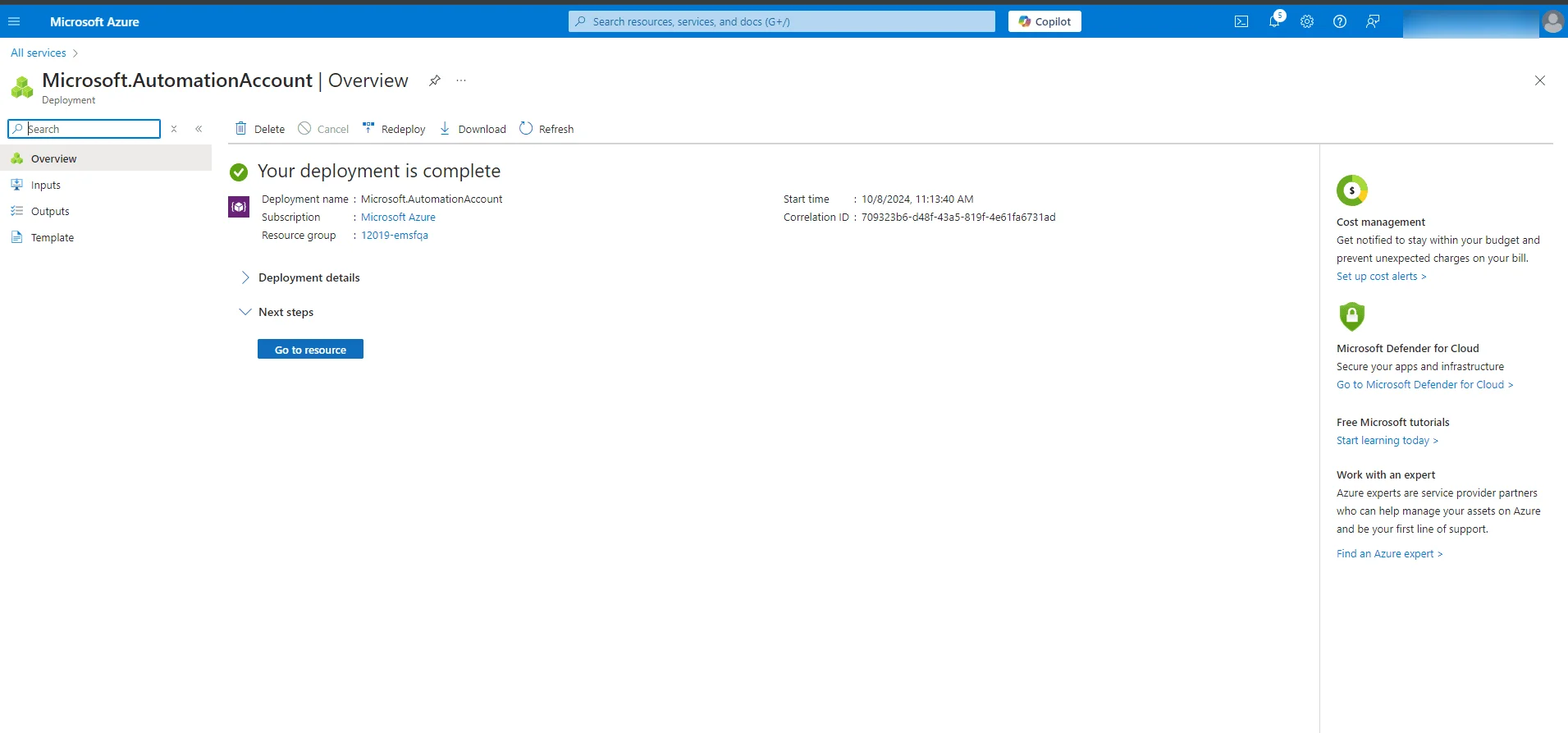 Go to resource Automation account deployment complete, with the Go to resource option