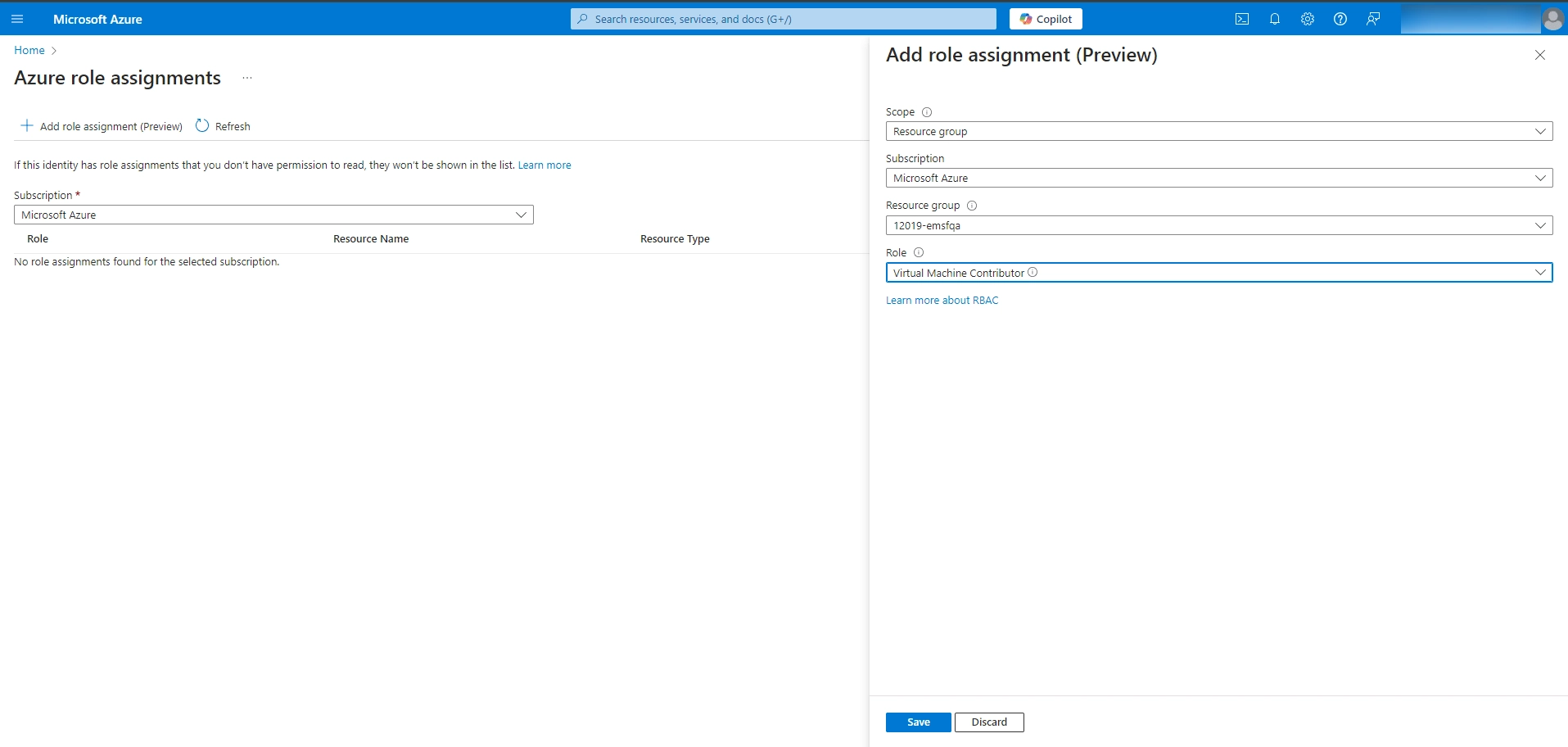 Assign Role 1 Assigning the Virtual Machine Contributor role scoped to the resource group