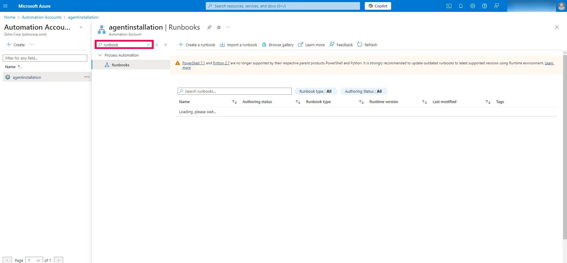 Open Runbooks Selecting Runbooks in the automation account