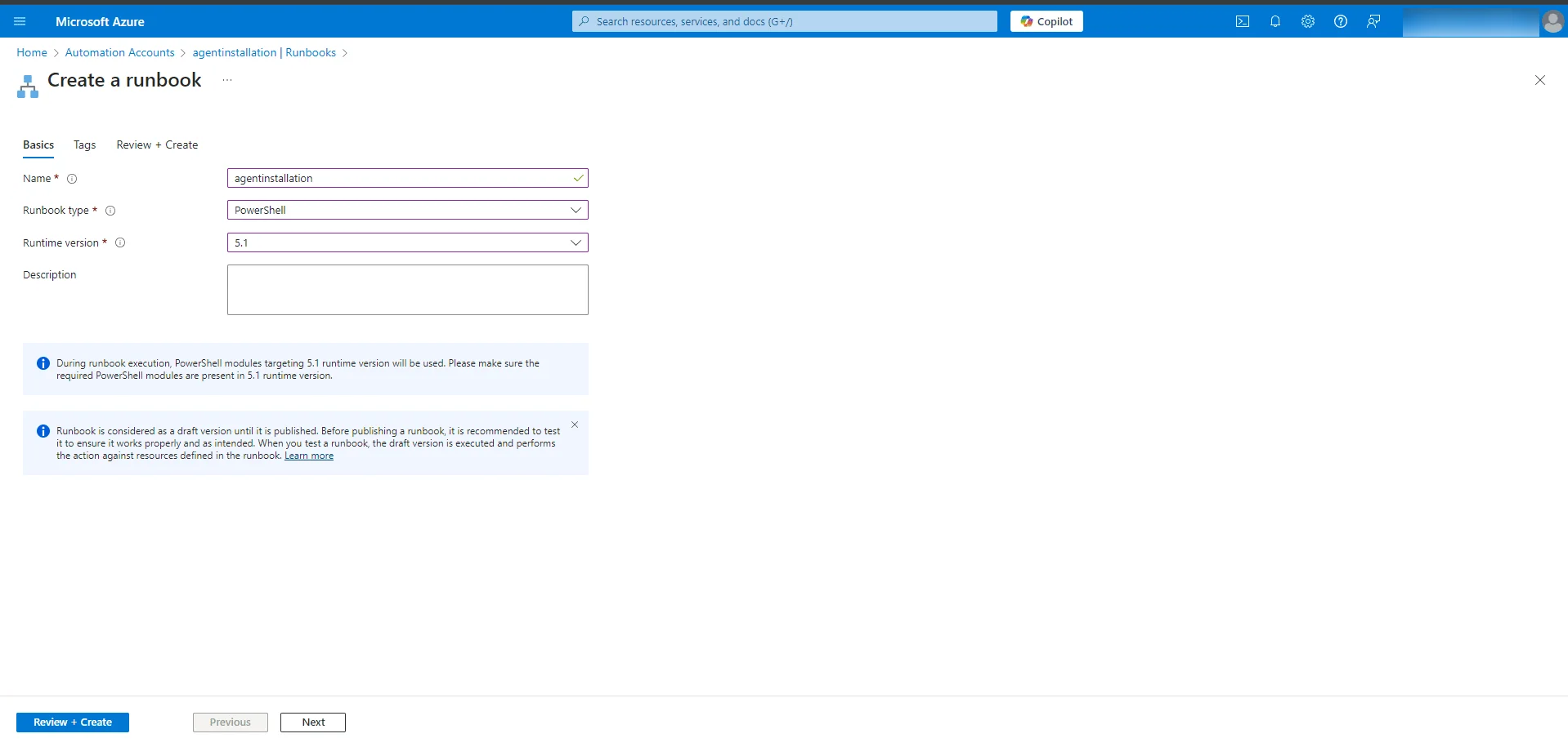 Create runbook Entering runbook details — name, PowerShell type, and runtime version 5.1