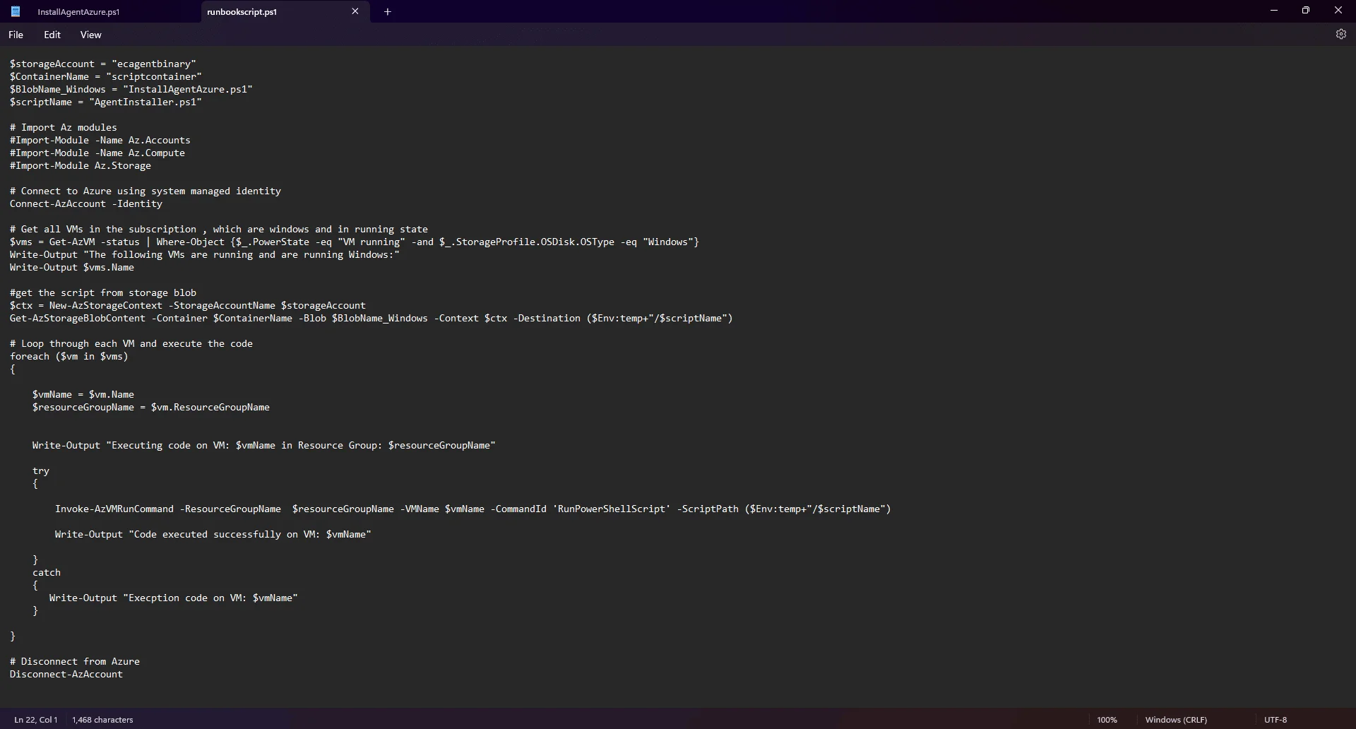 Edit the runbook Pasting the downloaded script into the runbook editor