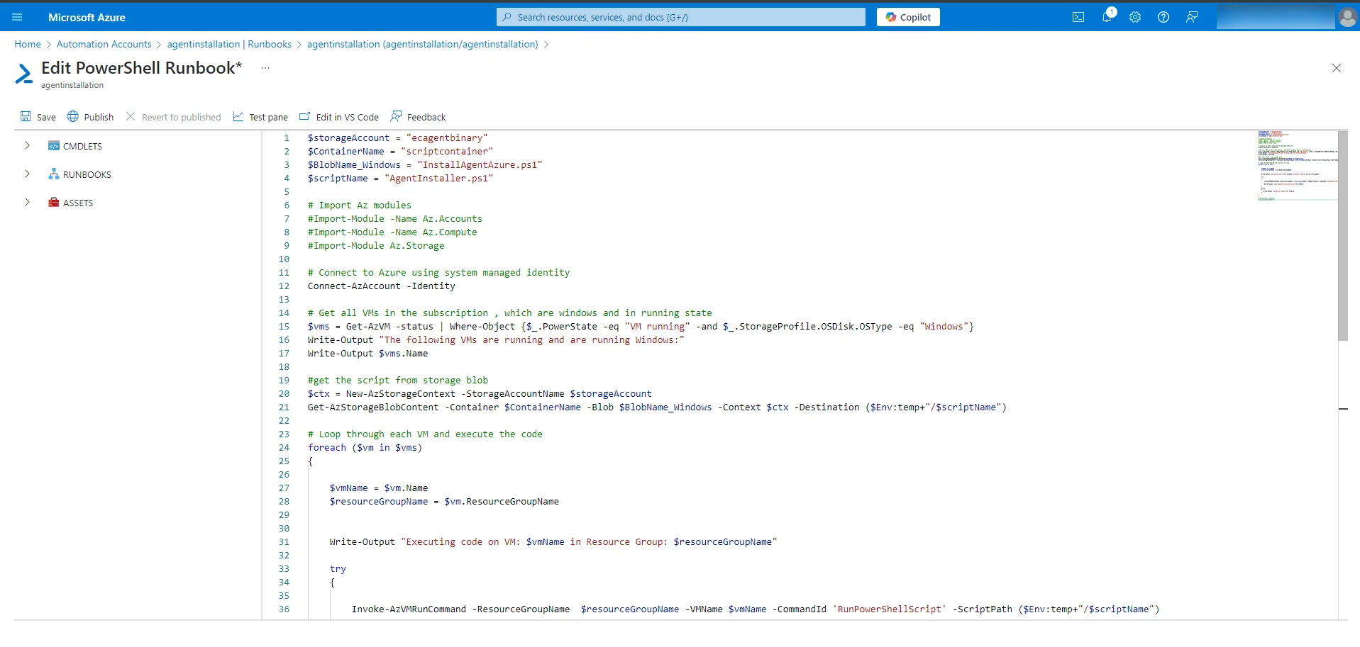 Runbook editor The runbook script in the editor