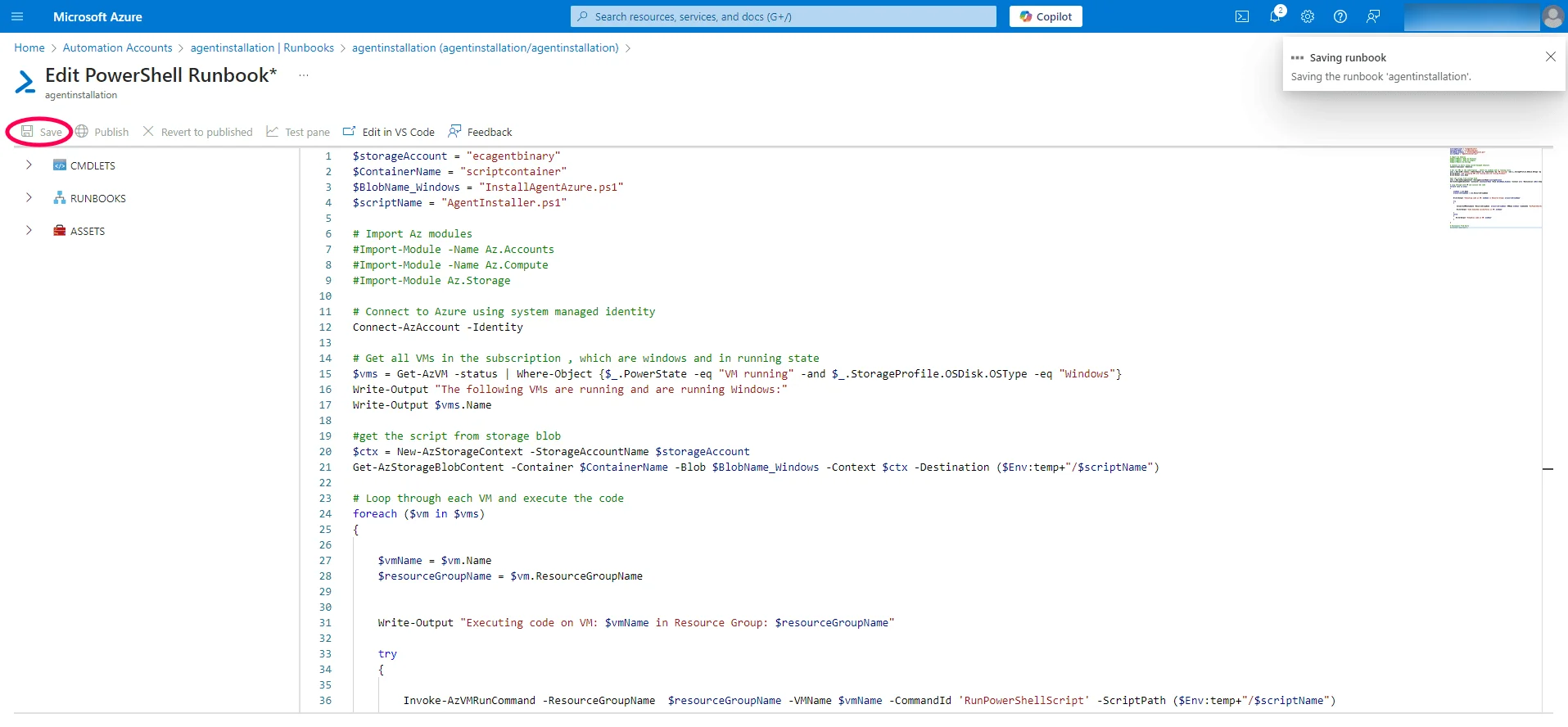 Publish the runbook Saving and publishing the runbook