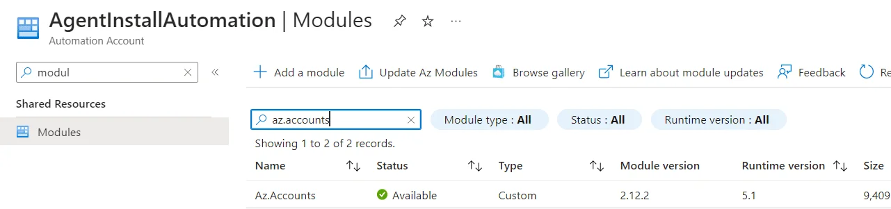 Import az.accounts Importing the az.accounts module in the Modules tab