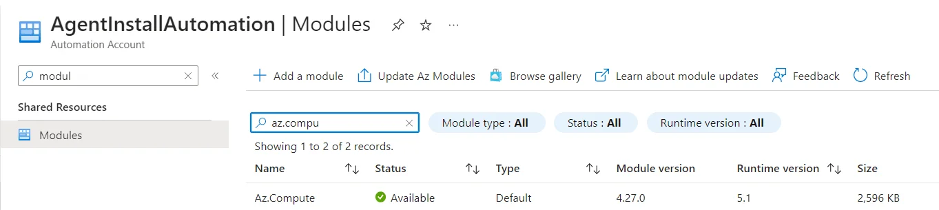 Import az.compute Importing the az.compute module in the Modules tab