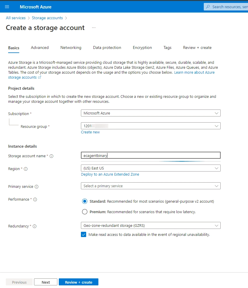 Entering the storage account name ecagentbinary