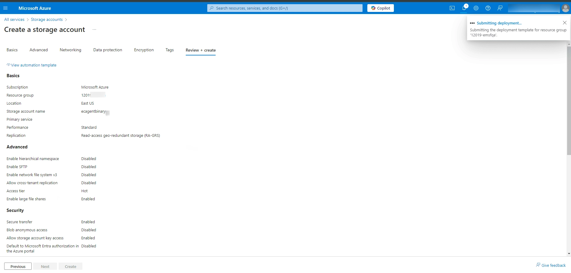 Review and create Reviewing storage account settings before clicking Create