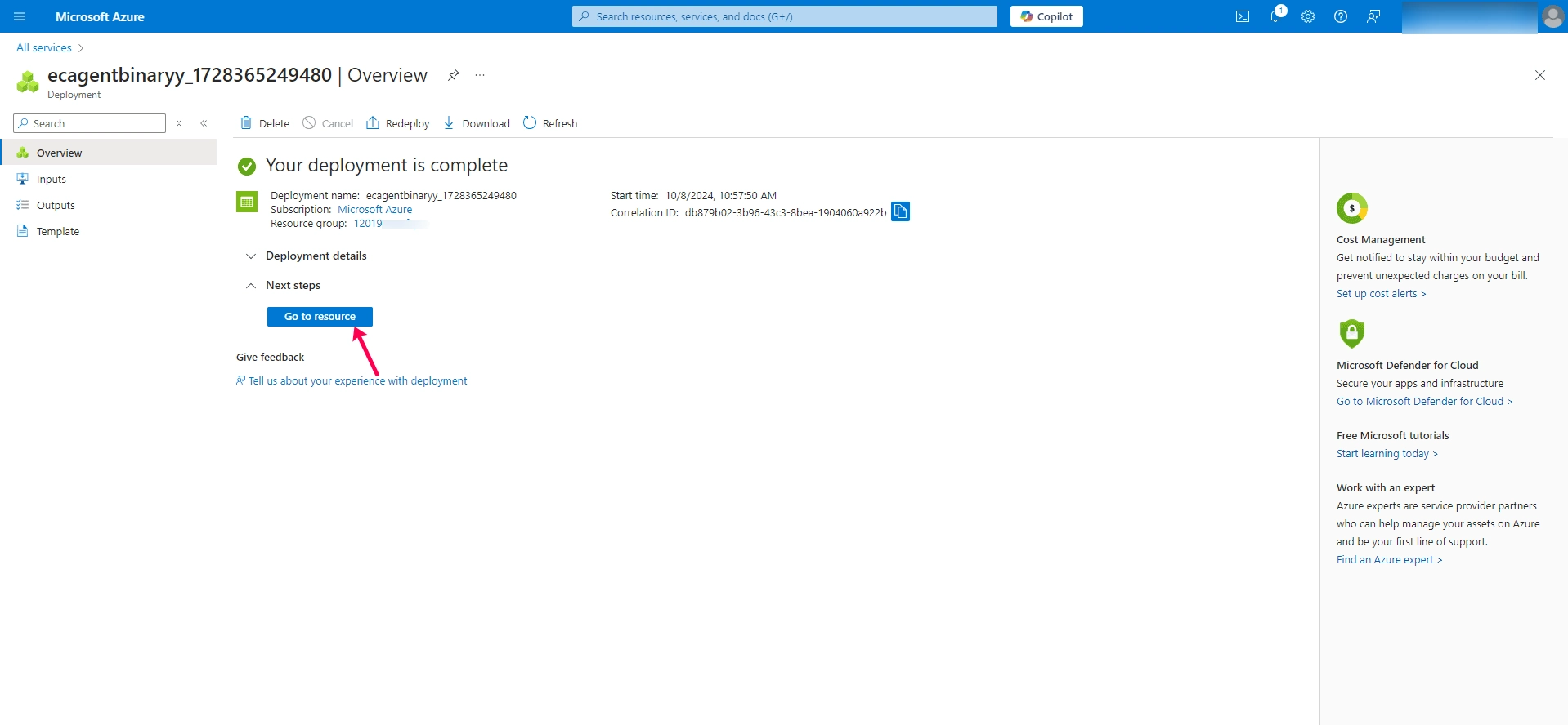 Go to resource Storage account deployment complete, with the Go to resource option