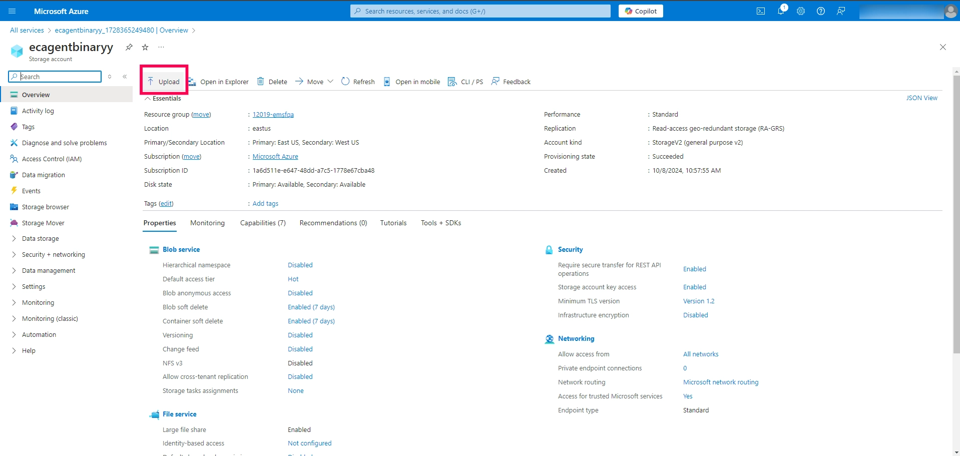 Upload file Clicking Upload from the storage account Overview page
