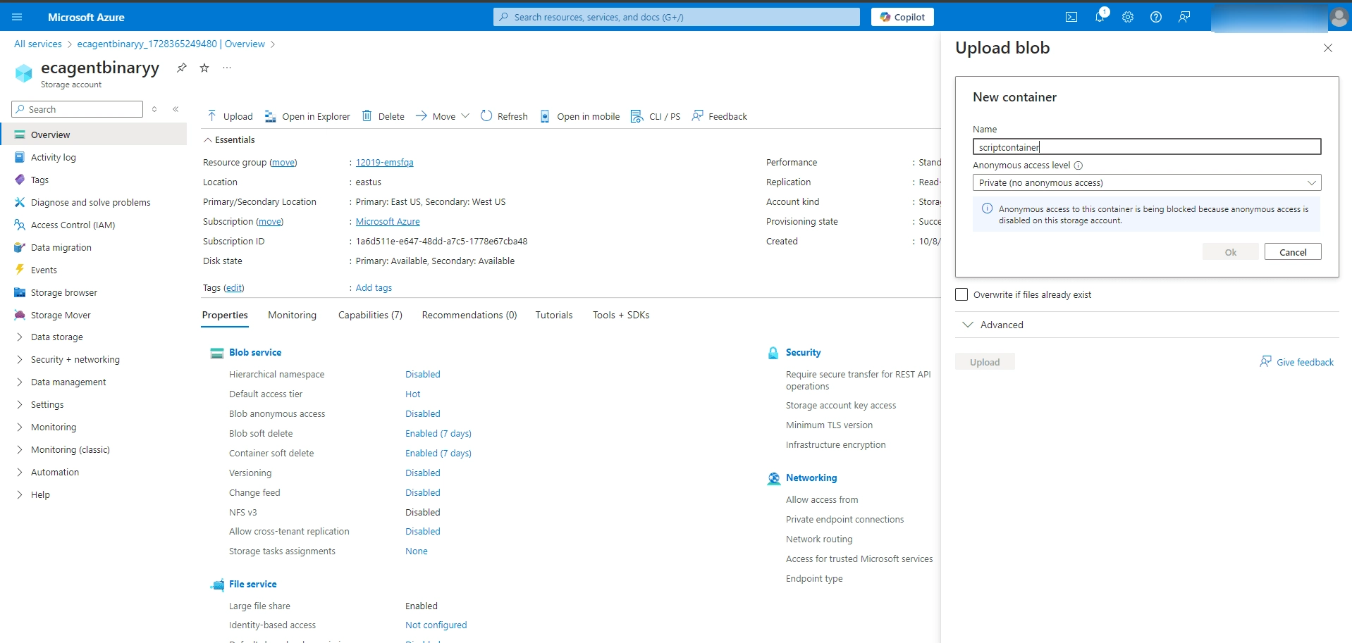 Setting the container name to scriptcontainer during upload
