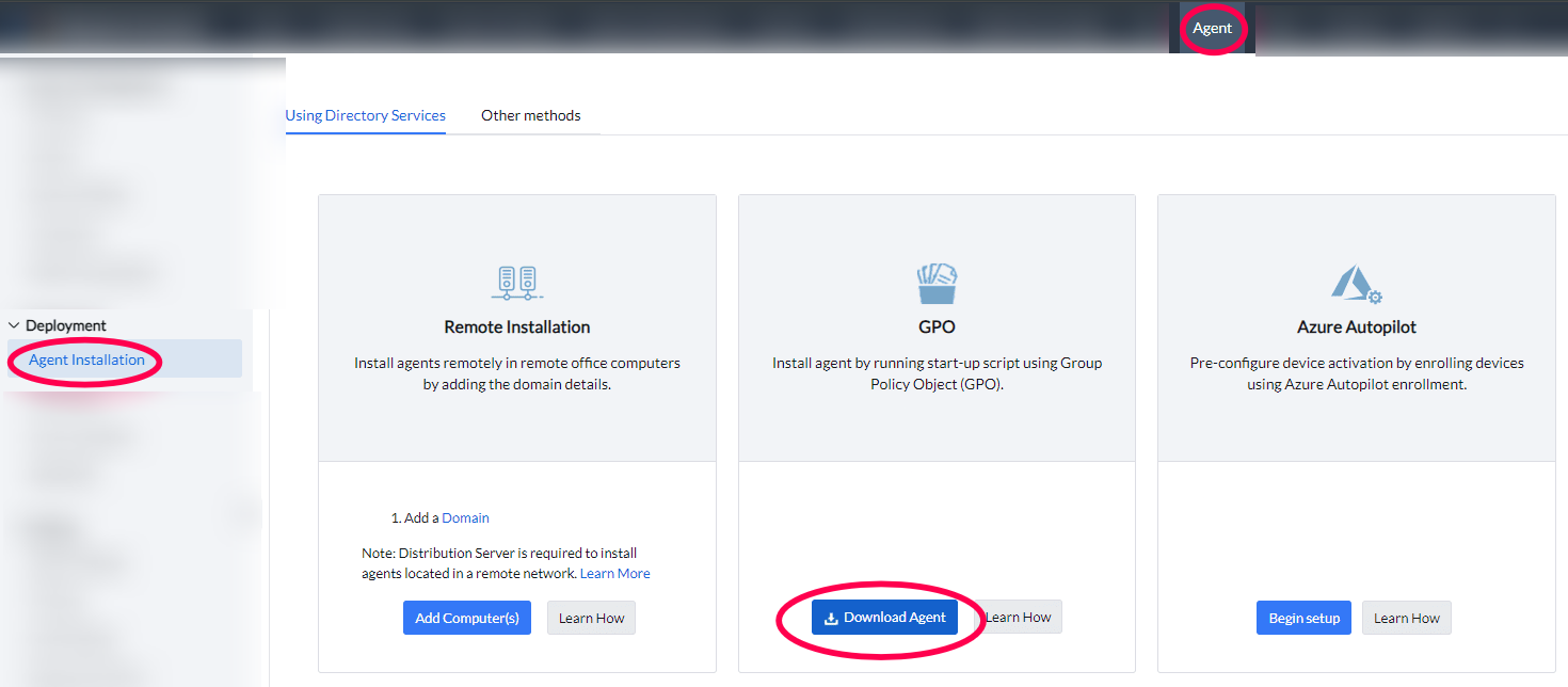 Download the ZIP file from the Endpoint Central Server by navigating to Agent -> Agent Installation -> GPO and selecting the respective remote office.
