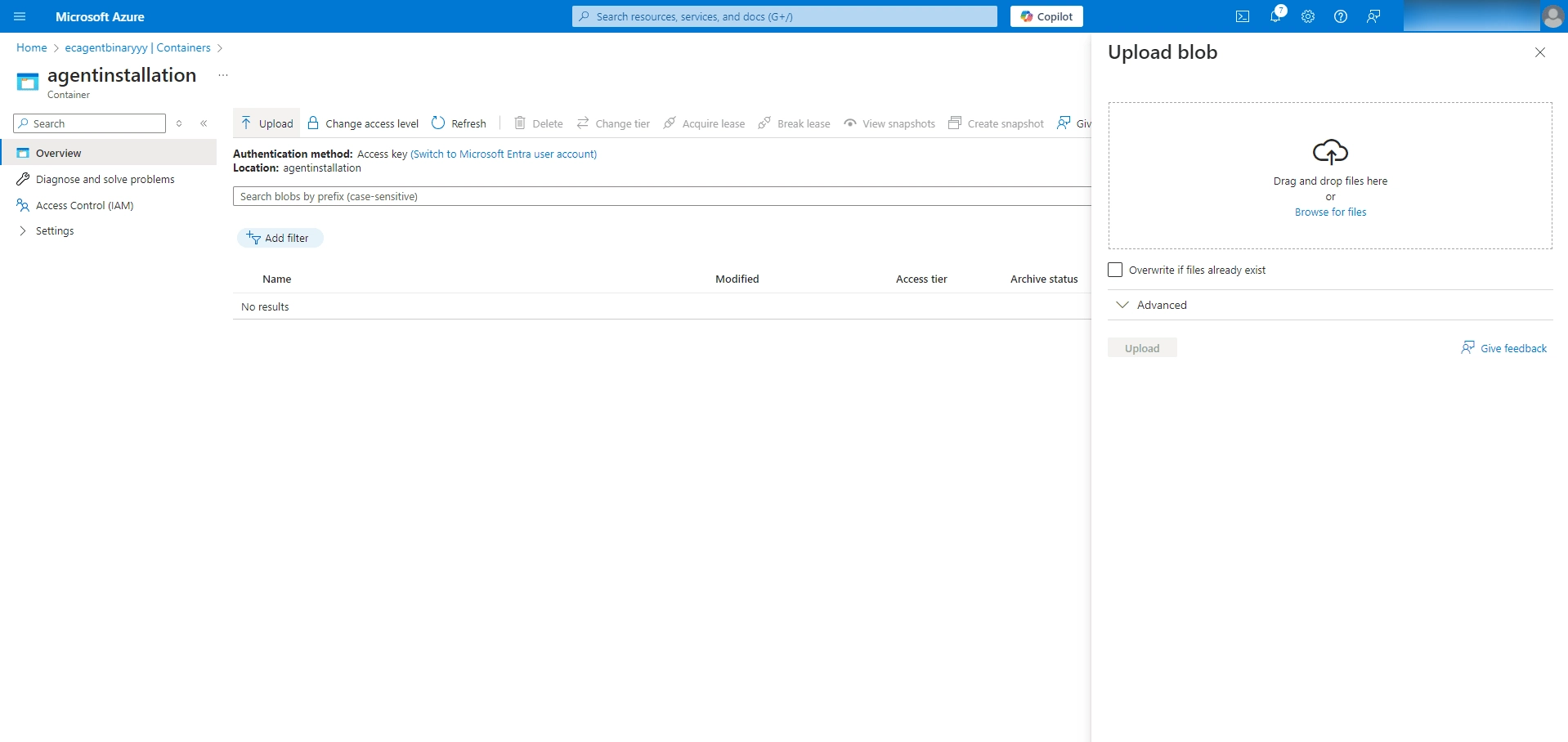 Open the created Blob container and click on the Uploadbutton to upload the agent files