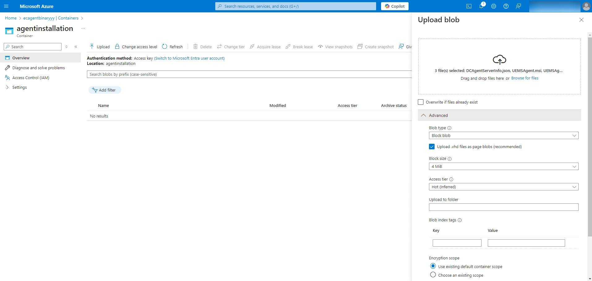 In the upload dialog, select Block blob from the Advanced dropdown and then click Upload