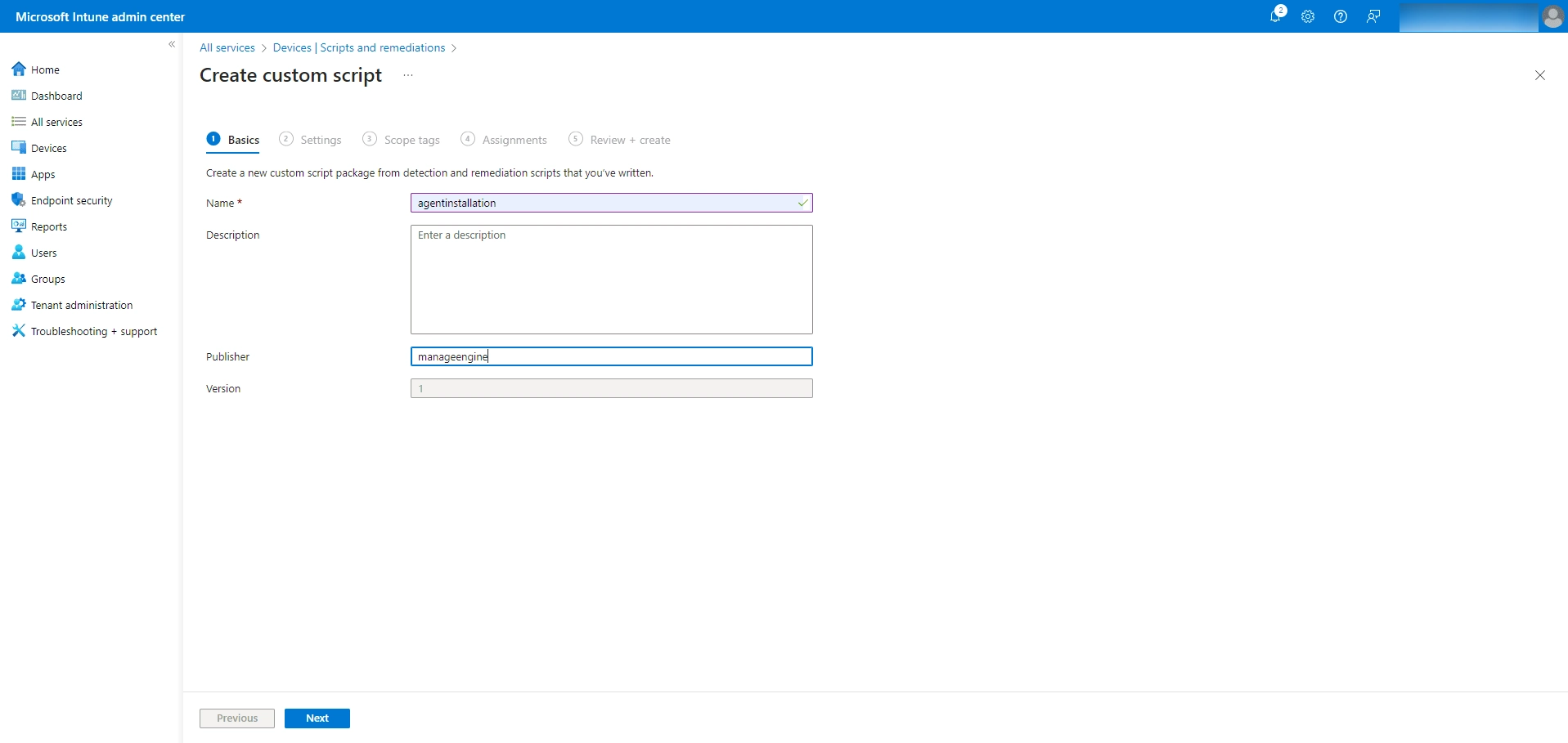 Provide a name for the script and click Next.