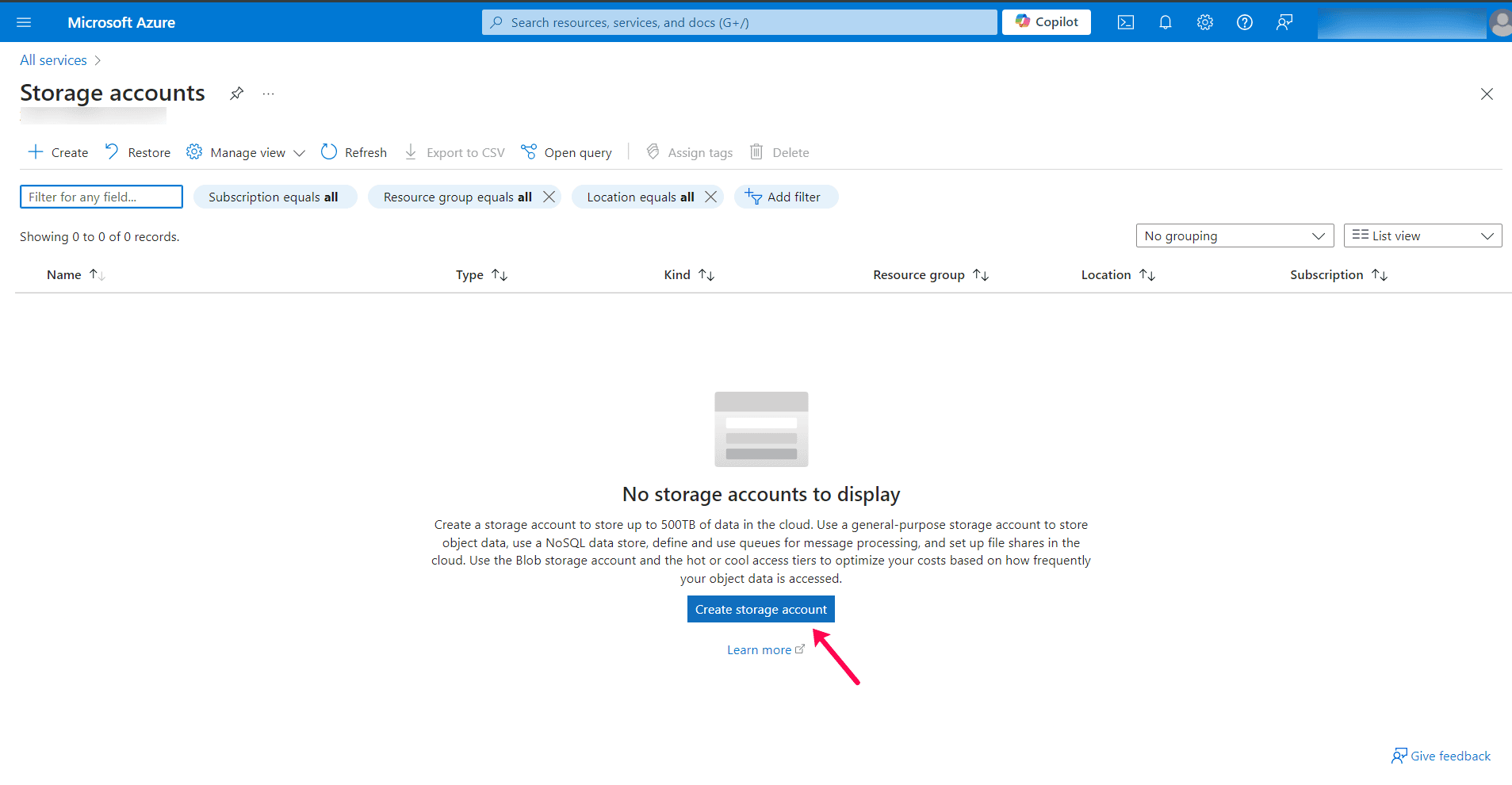 Click on the Create Storage Account option.
