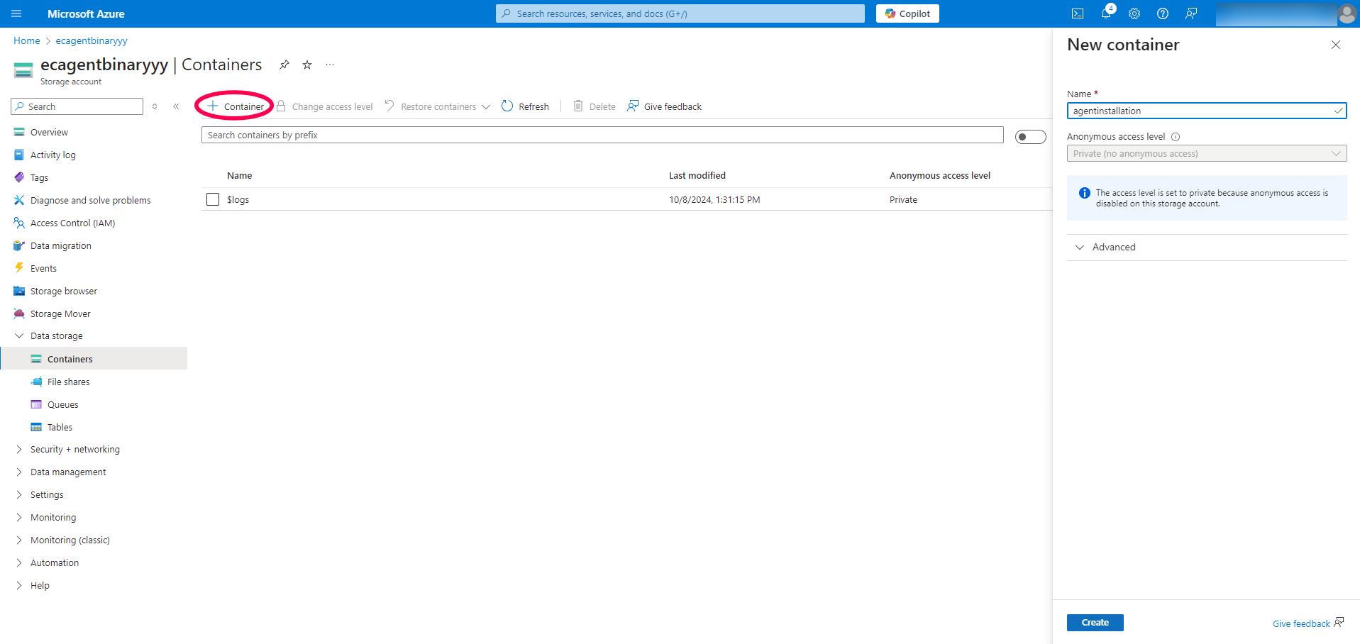 Click + Container and provide a name for your container.