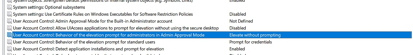 Open UAC policy properties Opening the properties of the User Account Control elevation prompt policy