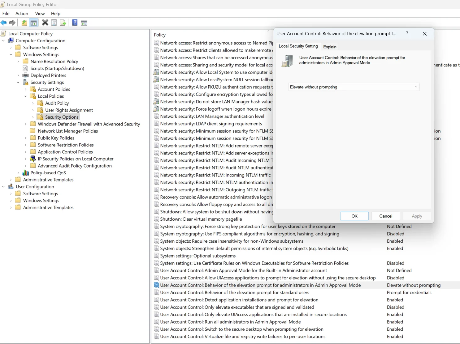 Set Elevate Without Prompting Setting the UAC elevation prompt policy to Elevate Without Prompting