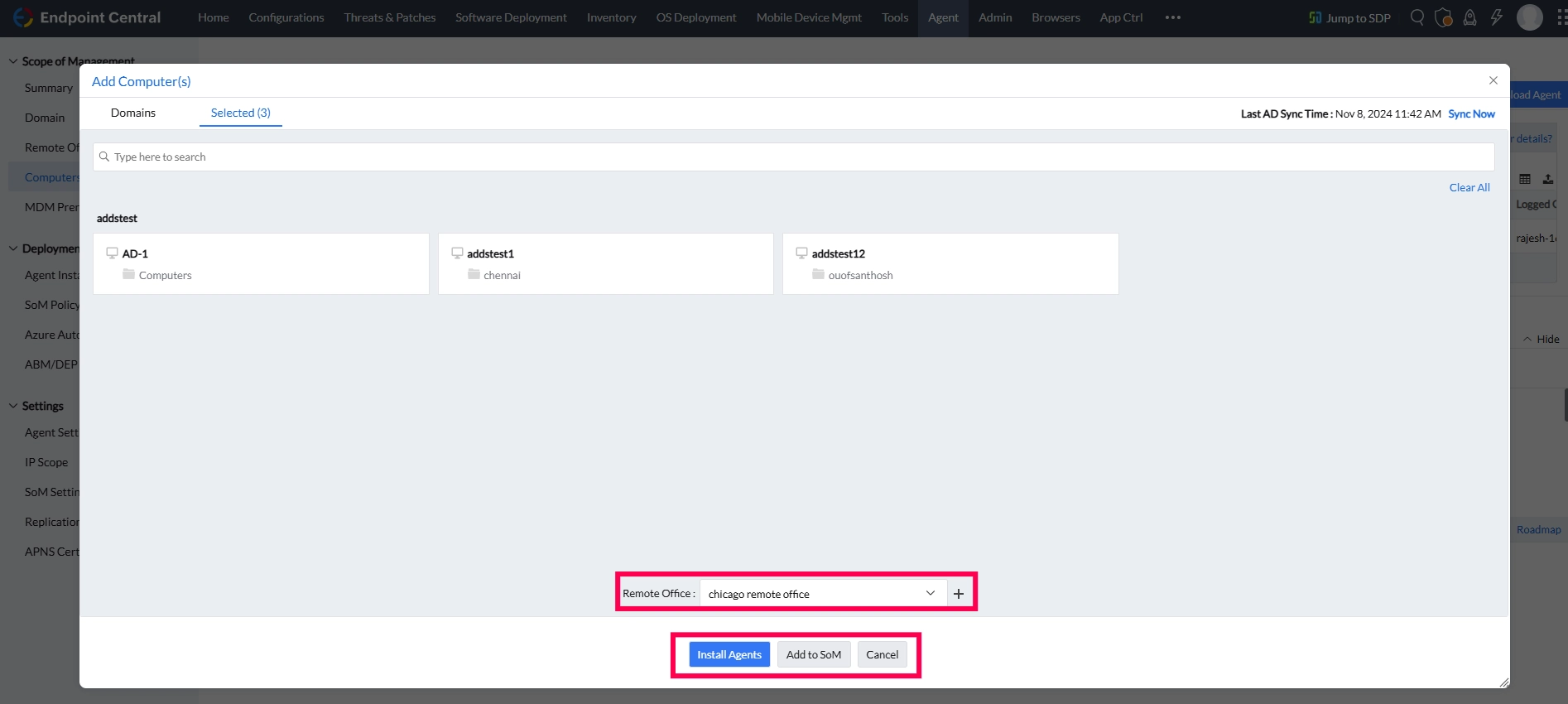 from the selected computers you can chose to install agents or add to som from the selected computers you can chose to install agents or add to som