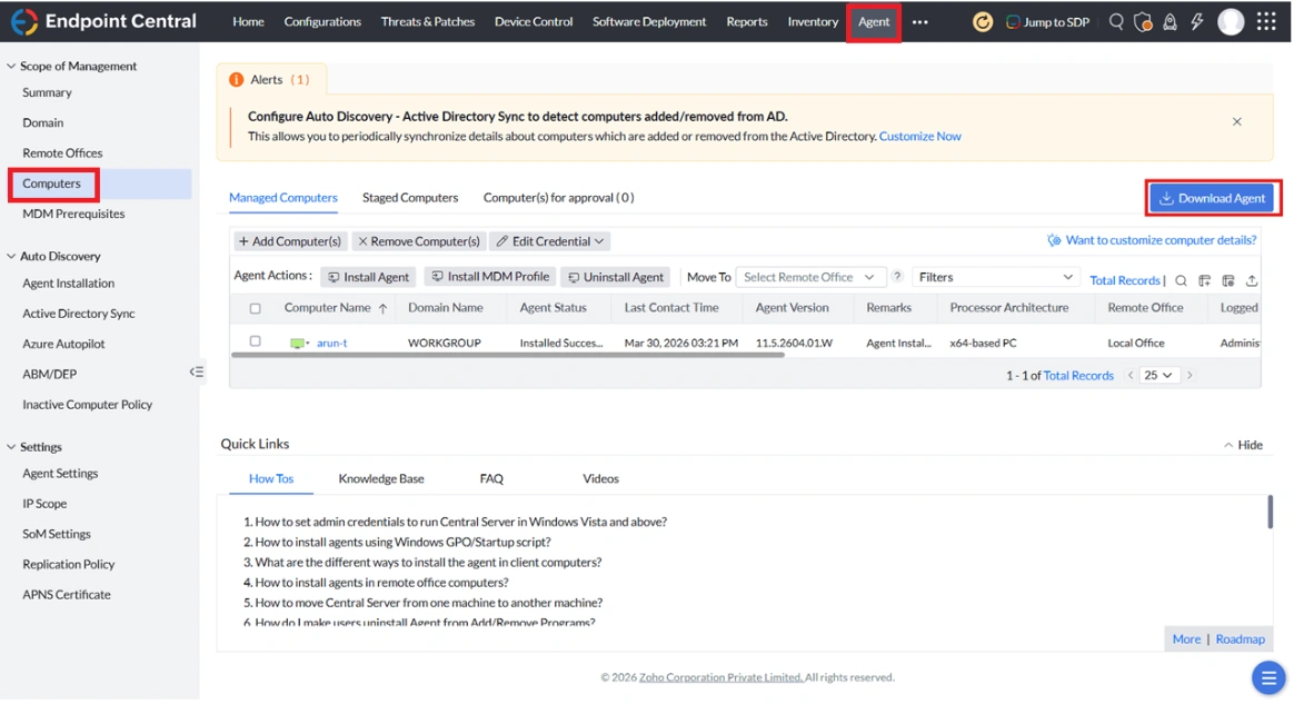 Download Agent page under Agent > Computers, showing the Remote Office agent installer download option