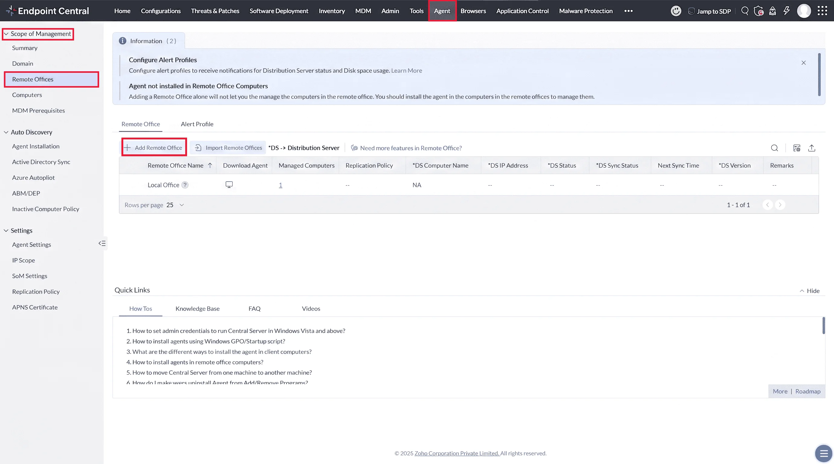 Adding a Remote Office from Agent > Scope of Management > Remote offices