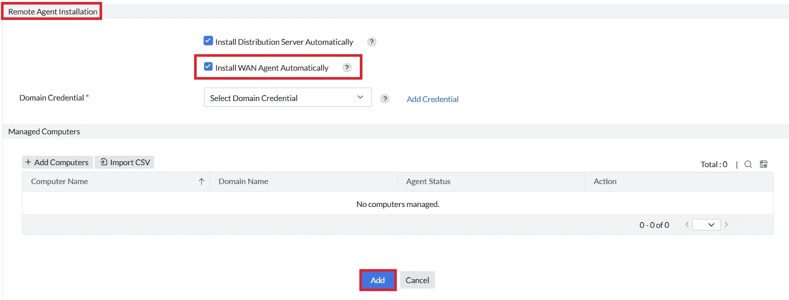 Enabling Install WAN Agent Automatically and entering domain credentials