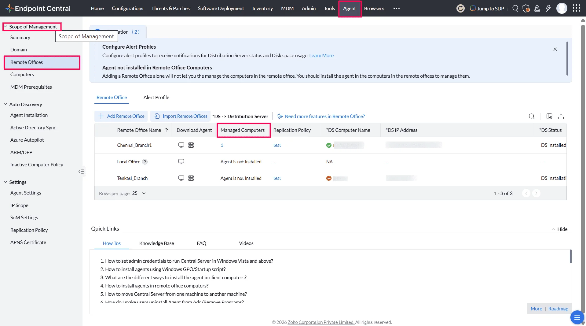Managed Computers column showing successful WAN agent installation